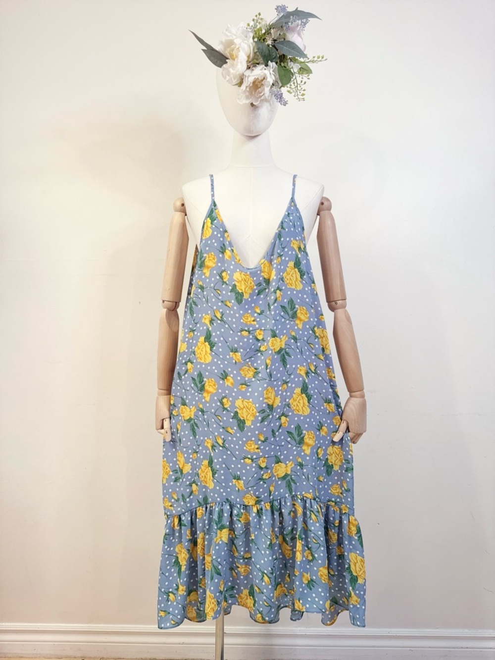 Stylenanda Blue Polka Dot Yellow Rose Slip Dress